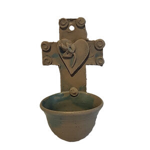 Religious Holy Water Font Ceramic Art Pottery Cross Floral Heart Gray Planter 6"